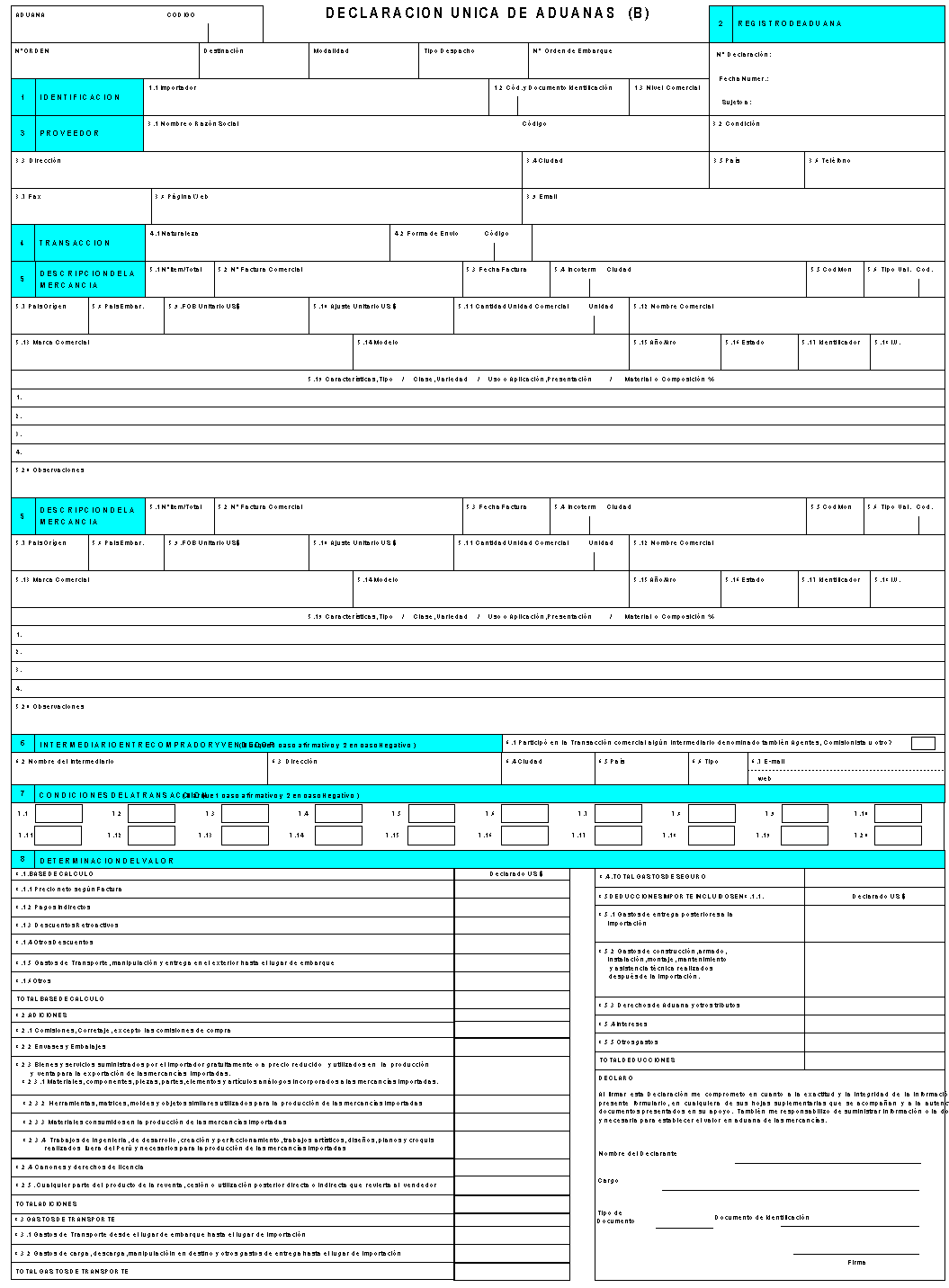 Formato B de la Declaración Unica de Aduanas